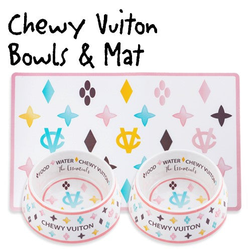 White Chewy Vuiton Bowls & Mat Bundle by Haute Diggity Dog