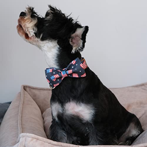 American Flag Dog Collar with Bow Tie, 4th of July Comfortable Cotton Cute Dog Collar with Metal Buckle, Patriotic Bowtie Collar for Puppy Girl Boy Dog, XL, Neck 16-26in