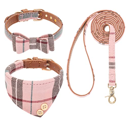 EXPAWLORER Dog Leash Set - Classic Plaid Dog Bow Tie and Dog Bandana Collar with Bell, Tangle Free, Adjustable Collars for Small Medium Large Dogs Cats, Holiday Ideal Gift