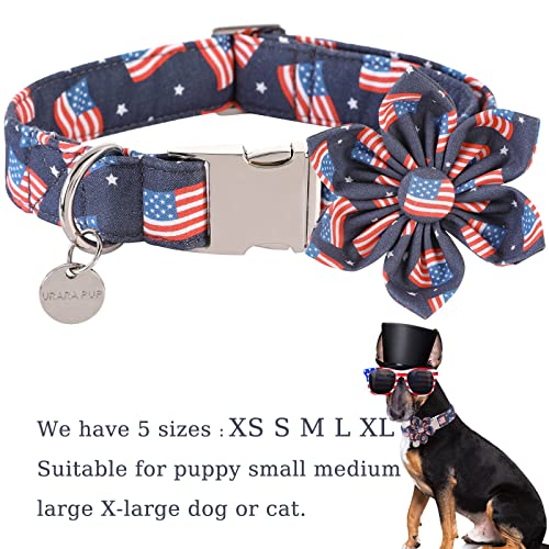 American Flag Dog Collar with Bow Tie, 4th of July Comfortable Cotton Cute Dog Collar with Metal Buckle, Patriotic Bowtie Collar for Puppy Girl Boy Dog, XL, Neck 16-26in