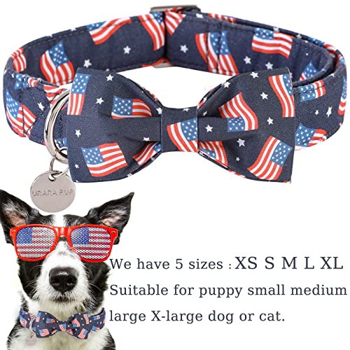 American Flag Dog Collar with Bow Tie, 4th of July Comfortable Cotton Cute Dog Collar with Metal Buckle, Patriotic Bowtie Collar for Puppy Girl Boy Dog, XL, Neck 16-26in