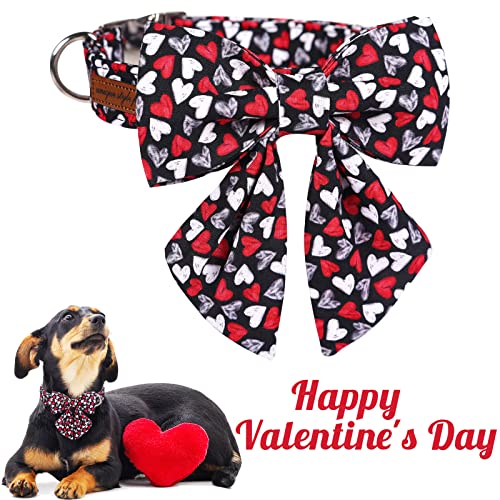 Unique style paws Valentine's Day Dog Collar with Bow Tie Black & Red Heart Puppy Collar Best Gothic Style Gift for Small Medium Large Boys Girls-M