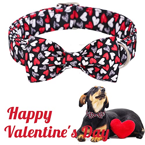 Unique style paws Valentine's Day Dog Collar with Bow Tie Black & Red Heart Puppy Collar Best Gothic Style Gift for Small Medium Large Boys Girls-M