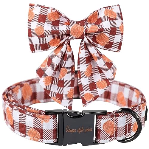 Unique Style Paws Cotton Dog Collar with Bow Halloween Pumpkin Plaid Dog Collar with Bow Tie for Small Medium Large Dogs Pets Gifts