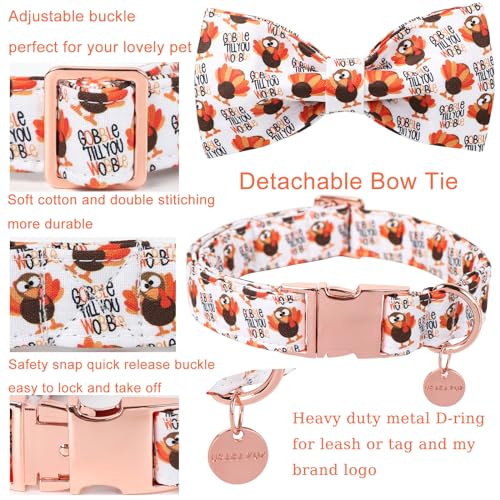 Thanksgiving Dog Collar with Bow Tie, Turkey Cotton Bowtie Collar for Puppy Girl Dog or Cat, Autumn Bow Tie Collar with Durable Metal Buckle, Turkeys Pet Collar, S, Neck 10-16in