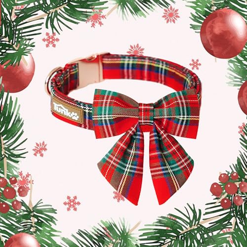 Tunkoo Christmas Dog Collar with Pretty Bow Tie - Red & Green Plaid Pet Collar, Adjustable Available in Small Medium Large, Gift for Girls Boys Dog, S