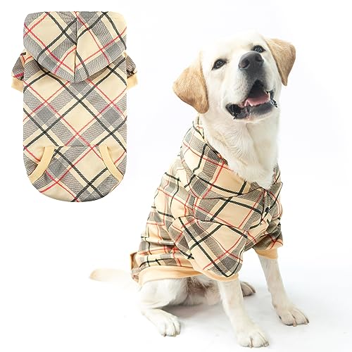 EXPAWLORER Plaid Dog Hoodie - British Style Soft and Warm Dog Sweater with Leash Hole, Hooded Cold Weather Clothes, Dog Sweatshirt, Outfits, Winter Coat for Small Medium Large Dogs