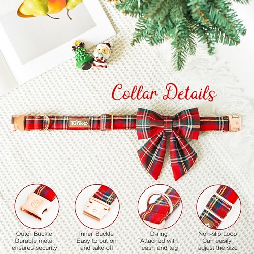 Tunkoo Christmas Dog Collar with Pretty Bow Tie - Red & Green Plaid Pet Collar, Adjustable Available in Small Medium Large, Gift for Girls Boys Dog, S