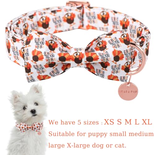 Thanksgiving Dog Collar with Bow Tie, Turkey Cotton Bowtie Collar for Puppy Girl Dog or Cat, Autumn Bow Tie Collar with Durable Metal Buckle, Turkeys Pet Collar, S, Neck 10-16in