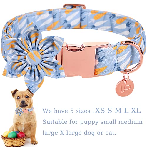 Easter Dog Collar with Bow Tie, Cotton Easter Bowtie Collar for Small Girl Boy Dog, Cute Carrot Pet Collar with Metal Buckle, Easter Day Gift Dog Collar, Blue, S, Neck 10-16in