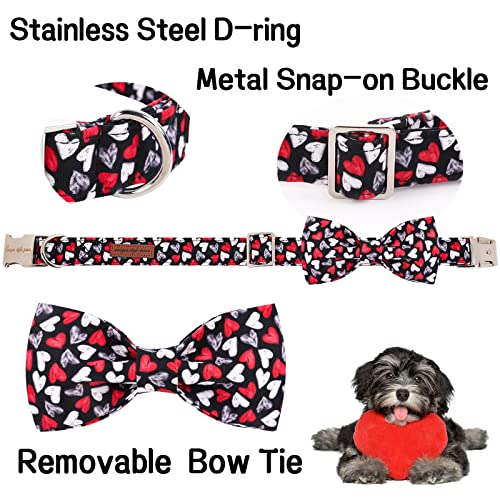 Unique style paws Valentine's Day Dog Collar with Bow Tie Black & Red Heart Puppy Collar Best Gothic Style Gift for Small Medium Large Boys Girls-M