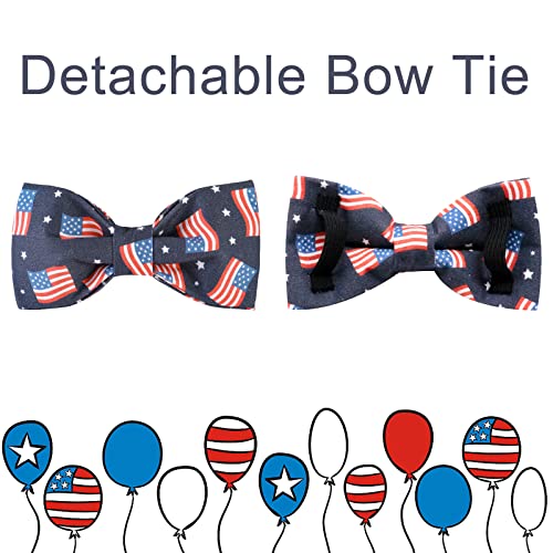 American Flag Dog Collar with Bow Tie, 4th of July Comfortable Cotton Cute Dog Collar with Metal Buckle, Patriotic Bowtie Collar for Puppy Girl Boy Dog, XL, Neck 16-26in