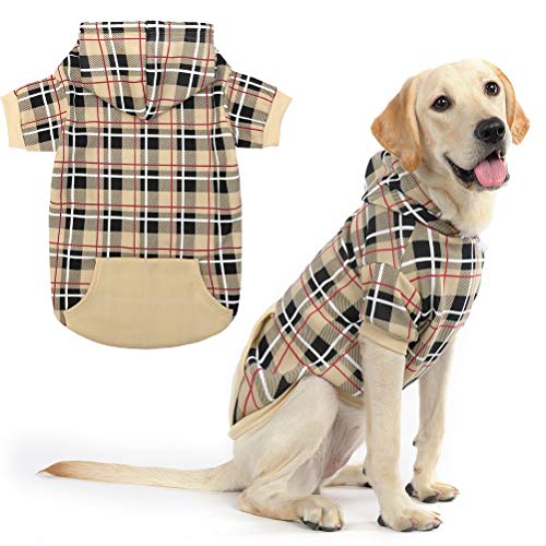 EXPAWLORER Plaid Dog Hoodie - British Style Soft and Warm Dog Sweater with Leash Hole, Hooded Cold Weather Clothes, Dog Sweatshirt, Outfits, Winter Coat for Small Medium Large Dogs