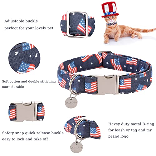 American Flag Dog Collar with Bow Tie, 4th of July Comfortable Cotton Cute Dog Collar with Metal Buckle, Patriotic Bowtie Collar for Puppy Girl Boy Dog, XL, Neck 16-26in