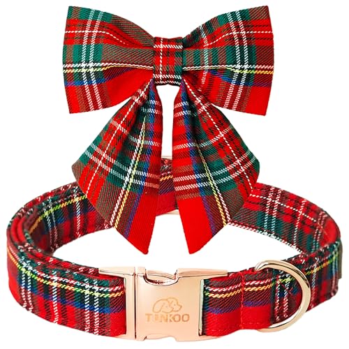 Tunkoo Christmas Dog Collar with Pretty Bow Tie - Red & Green Plaid Pet Collar, Adjustable Available in Small Medium Large, Gift for Girls Boys Dog, S