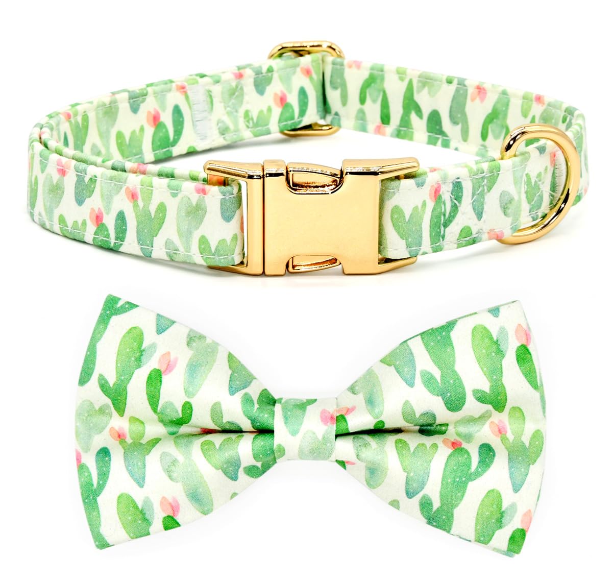 Summer Dog Collars with Bow Tie, Floral Tropical Leaf Bowtie Accessory for Dogs, Gold Metal Accessories Collars for Small Medium Large Dogs, S (10" -16")