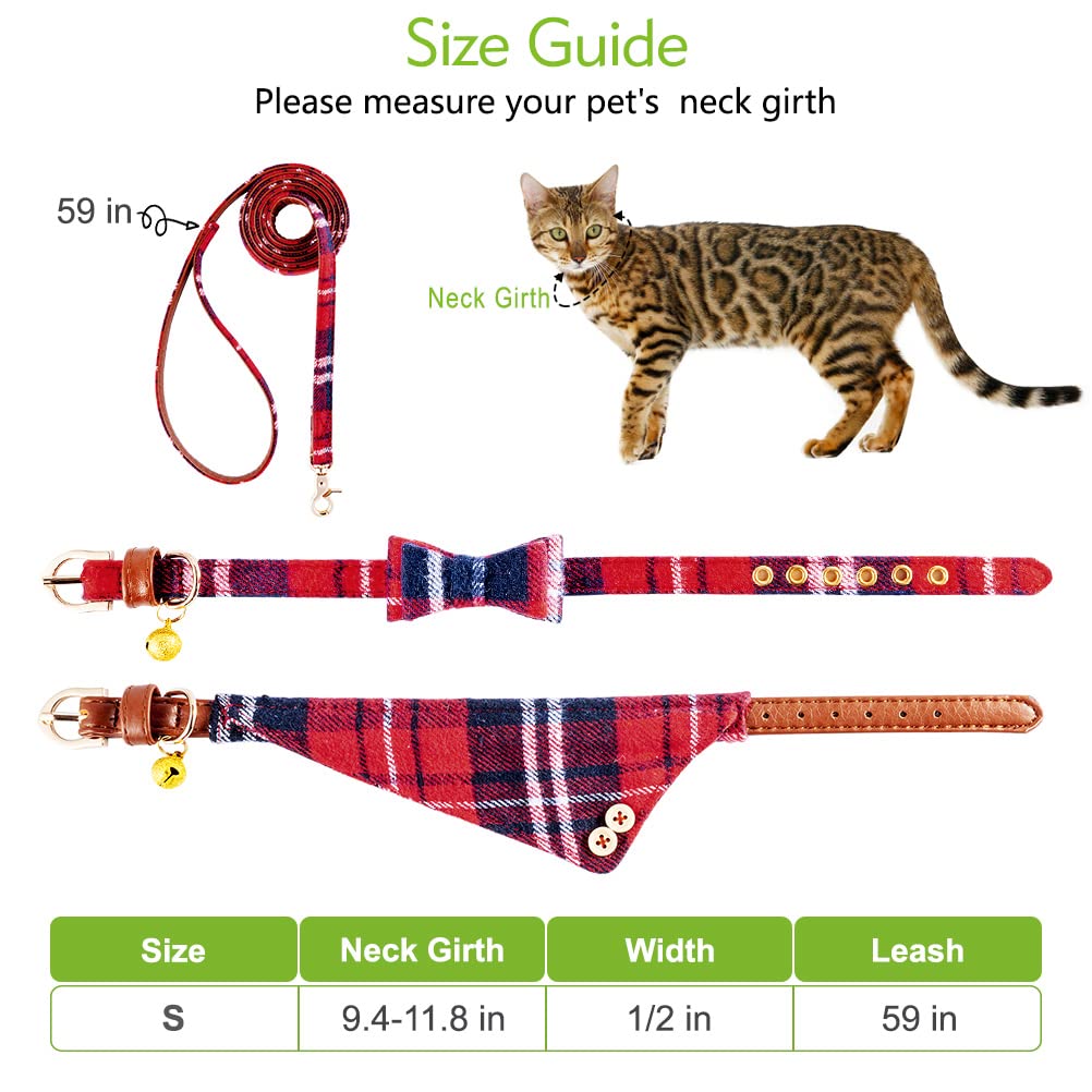 EXPAWLORER Dog Leash Set - Classic Plaid Dog Bow Tie and Dog Bandana Collar with Bell, Tangle Free, Adjustable Collars for Small Medium Large Dogs Cats, Holiday Ideal Gift