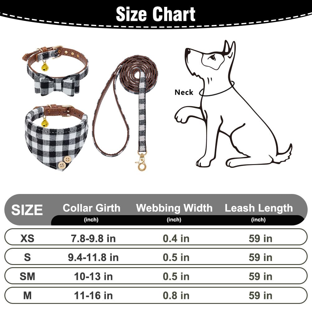 EXPAWLORER Dog Leash Set - Classic Plaid Dog Bow Tie and Dog Bandana Collar with Bell, Tangle Free, Adjustable Collars for Small Medium Large Dogs Cats, Holiday Ideal Gift