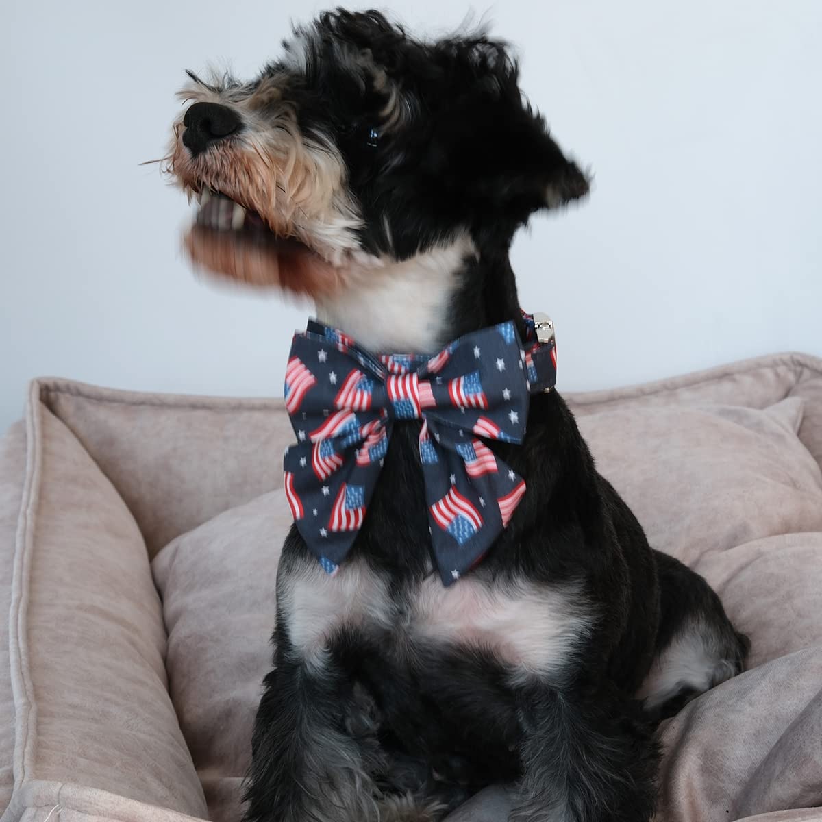 American Flag Dog Collar with Bow Tie, 4th of July Comfortable Cotton Cute Dog Collar with Metal Buckle, Patriotic Bowtie Collar for Puppy Girl Boy Dog, XL, Neck 16-26in