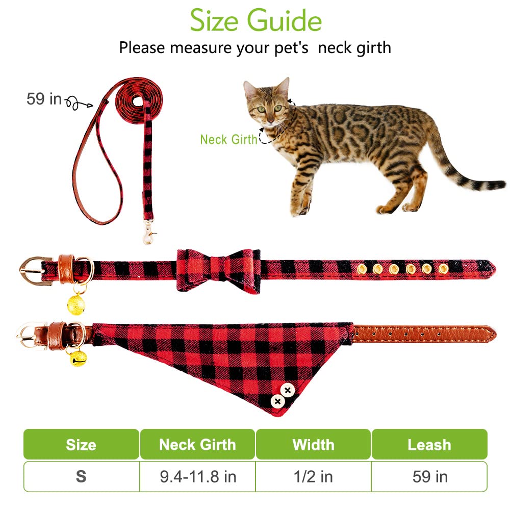 EXPAWLORER Dog Leash Set - Classic Plaid Dog Bow Tie and Dog Bandana Collar with Bell, Tangle Free, Adjustable Collars for Small Medium Large Dogs Cats, Holiday Ideal Gift