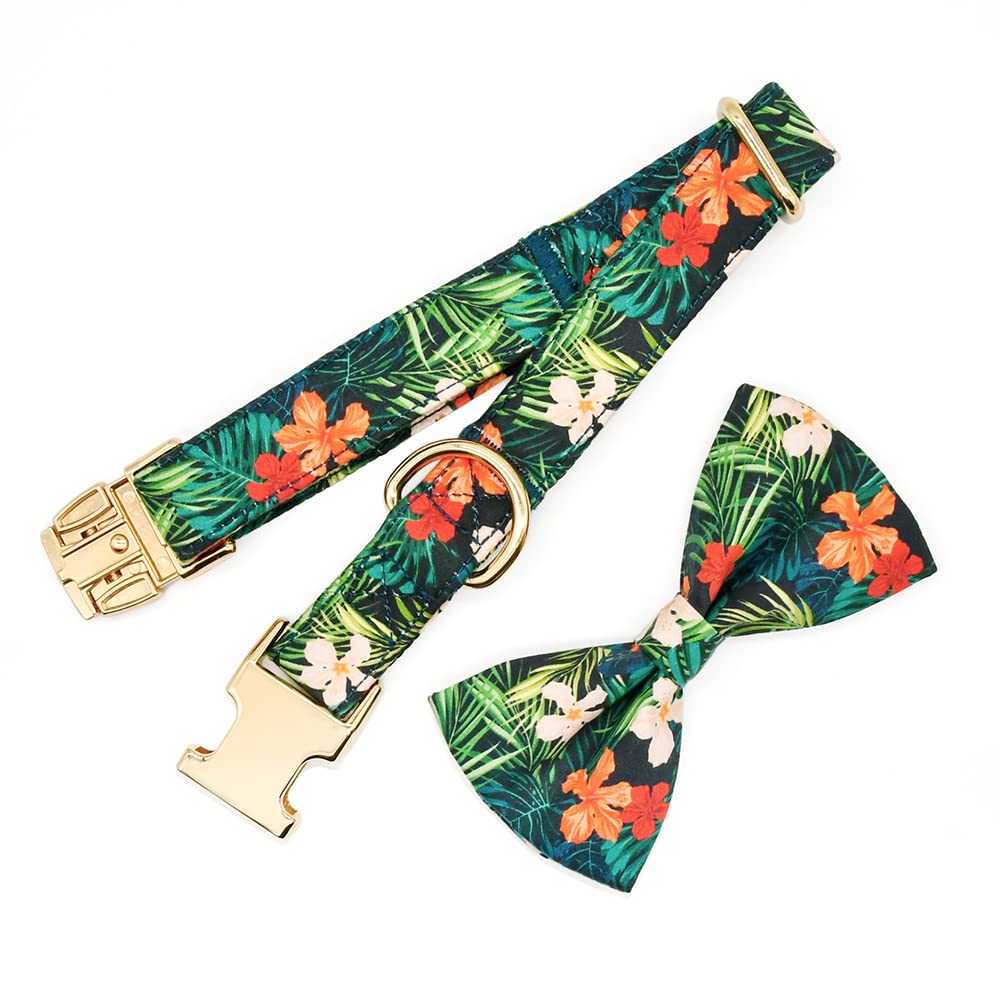 Summer Dog Collars with Bow Tie, Floral Tropical Leaf Bowtie Accessory for Dogs, Gold Metal Accessories Collars for Small Medium Large Dogs, S (10" -16")