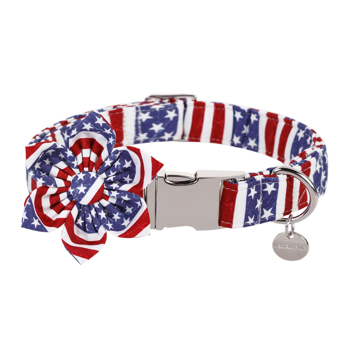 American Flag Dog Collar with Bow Tie, 4th of July Comfortable Cotton Cute Dog Collar with Metal Buckle, Patriotic Bowtie Collar for Puppy Girl Boy Dog, XL, Neck 16-26in