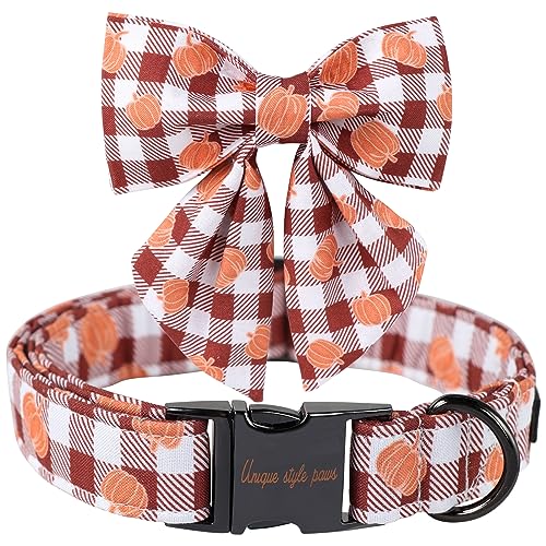 Unique Style Paws Cotton Dog Collar with Bow Halloween Pumpkin Plaid Dog Collar with Bow Tie for Small Medium Large Dogs Pets Gifts