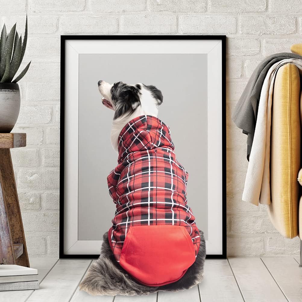 EXPAWLORER Plaid Dog Hoodie - British Style Soft and Warm Dog Sweater with Leash Hole, Hooded Cold Weather Clothes, Dog Sweatshirt, Outfits, Winter Coat for Small Medium Large Dogs