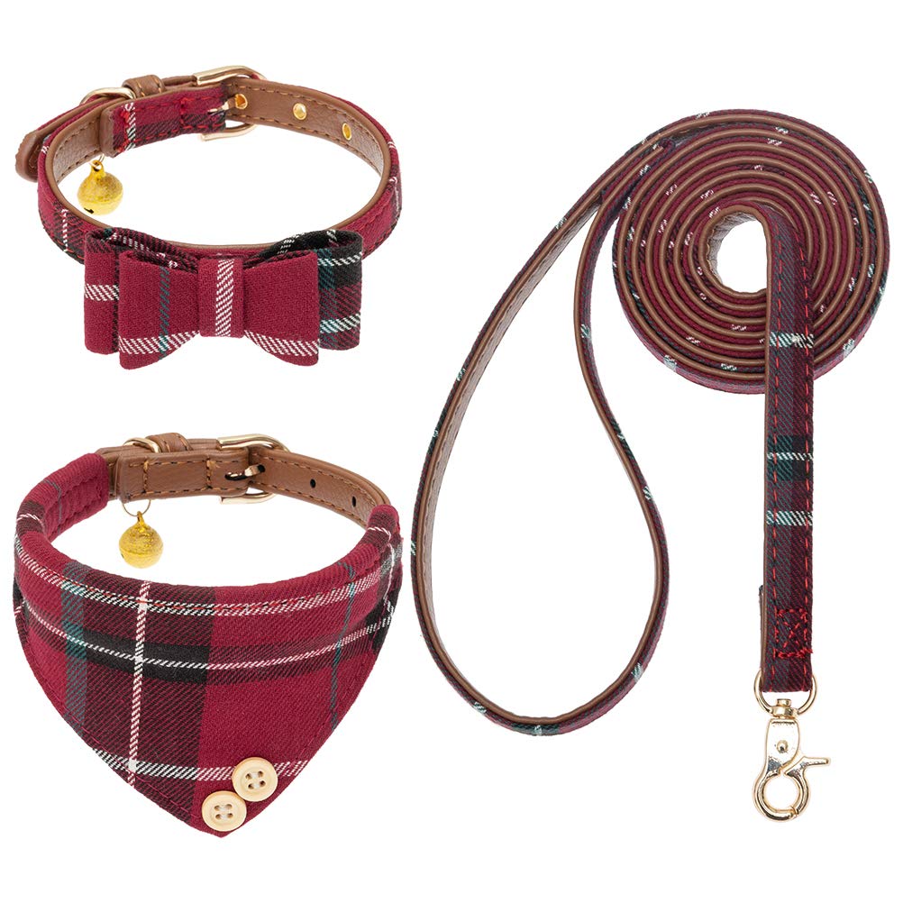 EXPAWLORER Dog Leash Set - Classic Plaid Dog Bow Tie and Dog Bandana Collar with Bell, Tangle Free, Adjustable Collars for Small Medium Large Dogs Cats, Holiday Ideal Gift