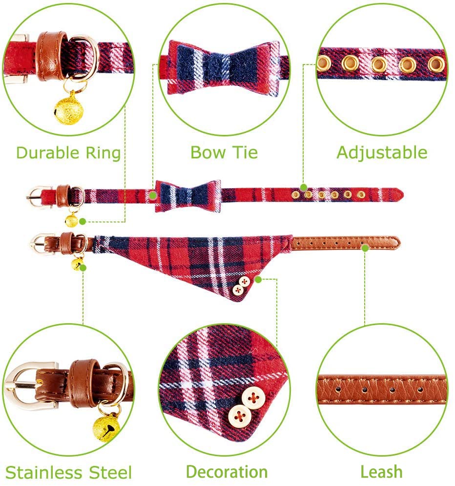 EXPAWLORER Dog Leash Set - Classic Plaid Dog Bow Tie and Dog Bandana Collar with Bell, Tangle Free, Adjustable Collars for Small Medium Large Dogs Cats, Holiday Ideal Gift