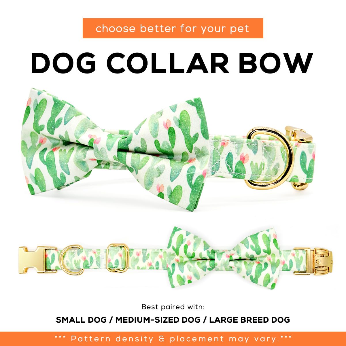 Summer Dog Collars with Bow Tie, Floral Tropical Leaf Bowtie Accessory for Dogs, Gold Metal Accessories Collars for Small Medium Large Dogs, S (10" -16")