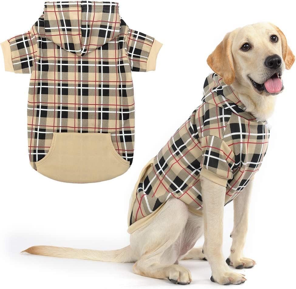 EXPAWLORER Plaid Dog Hoodie - British Style Soft and Warm Dog Sweater with Leash Hole, Hooded Cold Weather Clothes, Dog Sweatshirt, Outfits, Winter Coat for Small Medium Large Dogs