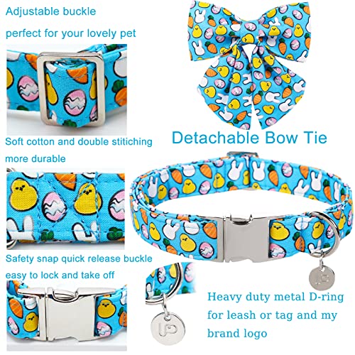 Easter Dog Collar with Bow Tie, Cotton Easter Bowtie Collar for Small Girl Boy Dog, Cute Carrot Pet Collar with Metal Buckle, Easter Day Gift Dog Collar, Blue, S, Neck 10-16in