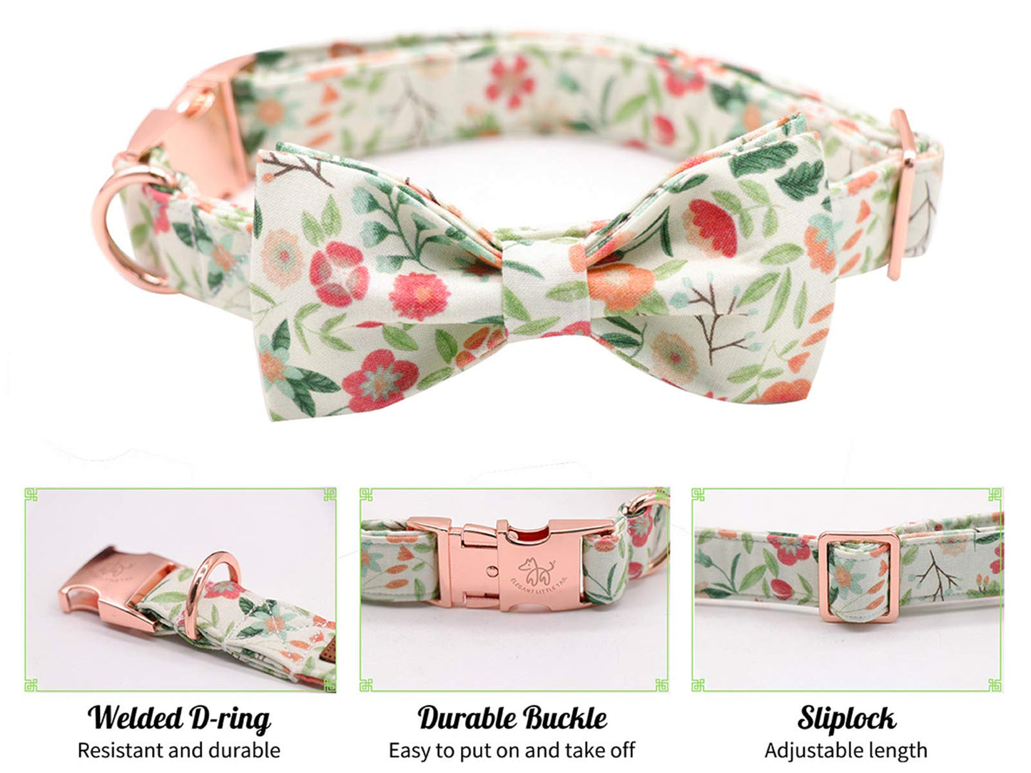 Elegant little tail Vintage Floral Dog Collar with Bow, Comfotable Dog Bowtie, Dog Collar Bow Adjustable Dog Collars for Small Medium Large Dogs