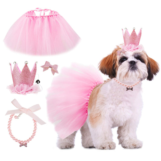 Dog Birthday Party Supplies Dog Birthday Outfit Pink Tutu for Dogs Dog Birthday Hat Necklace and Bowtie Hairpin for Dogs (16-23 inch Wrist)