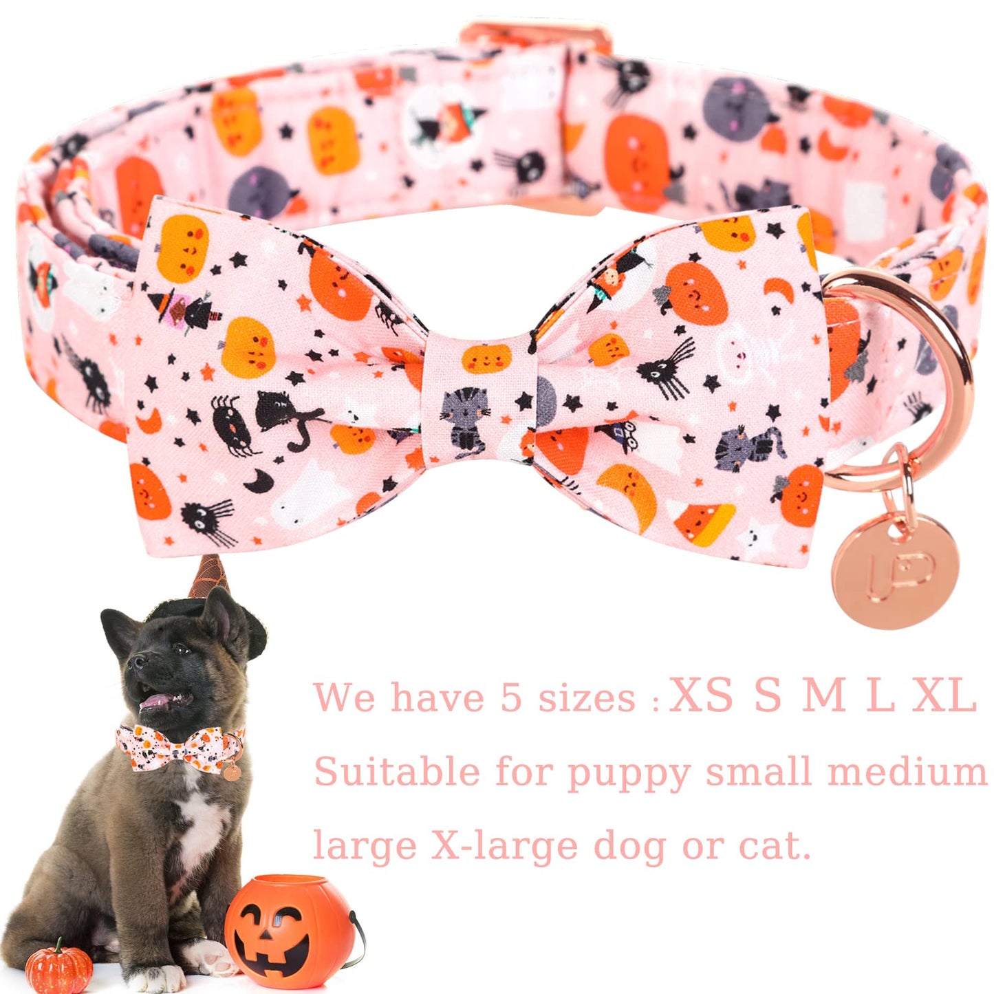 Dog Collar with Bow Tie, Comfortable Adjustable Cotton Bowtie Collar for Medium Girl Boy Dog, Fall Dog Collar with Metal Buckle, M, Neck 13.5-22in