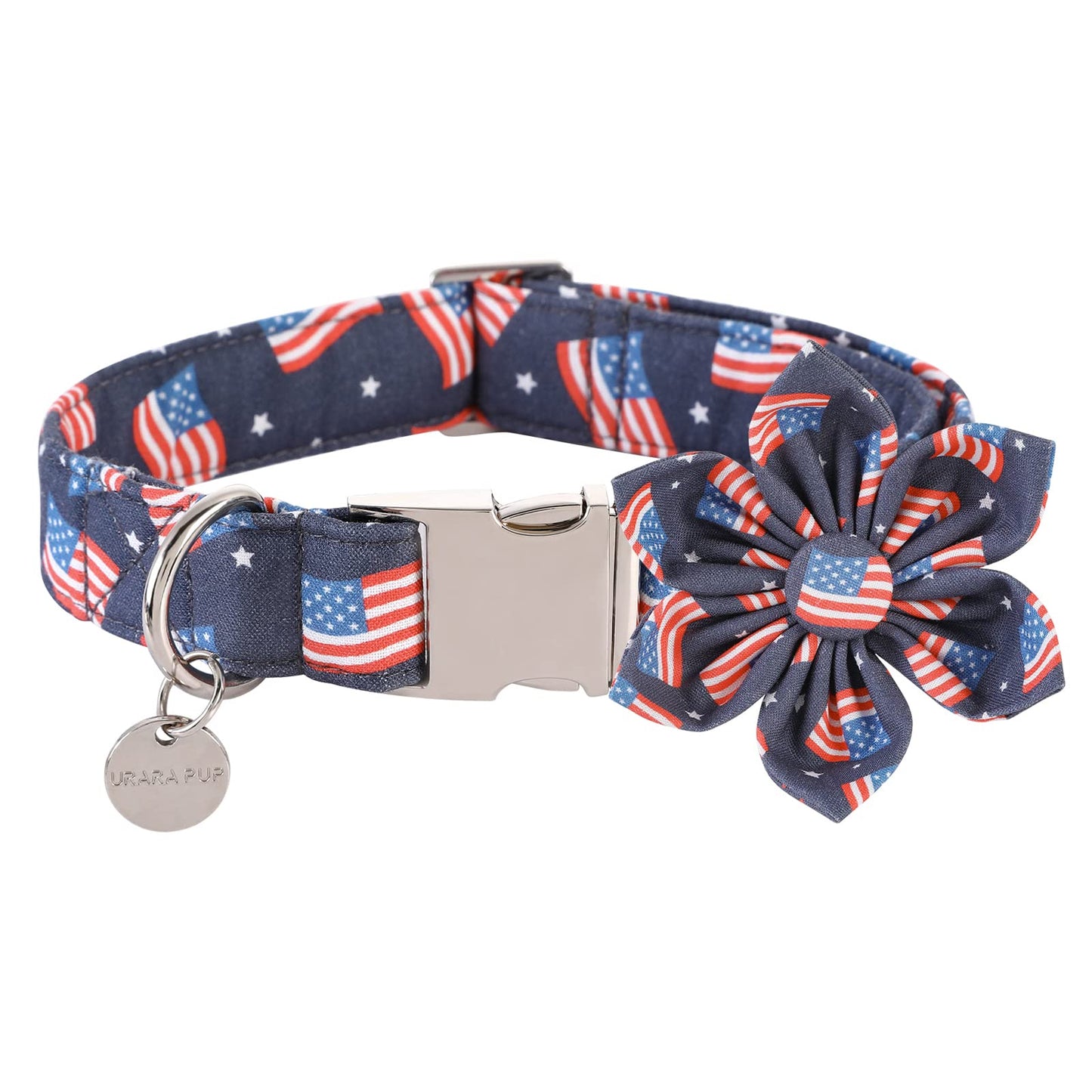 American Flag Dog Collar with Bow Tie, 4th of July Comfortable Cotton Cute Dog Collar with Metal Buckle, Patriotic Bowtie Collar for Puppy Girl Boy Dog, XL, Neck 16-26in