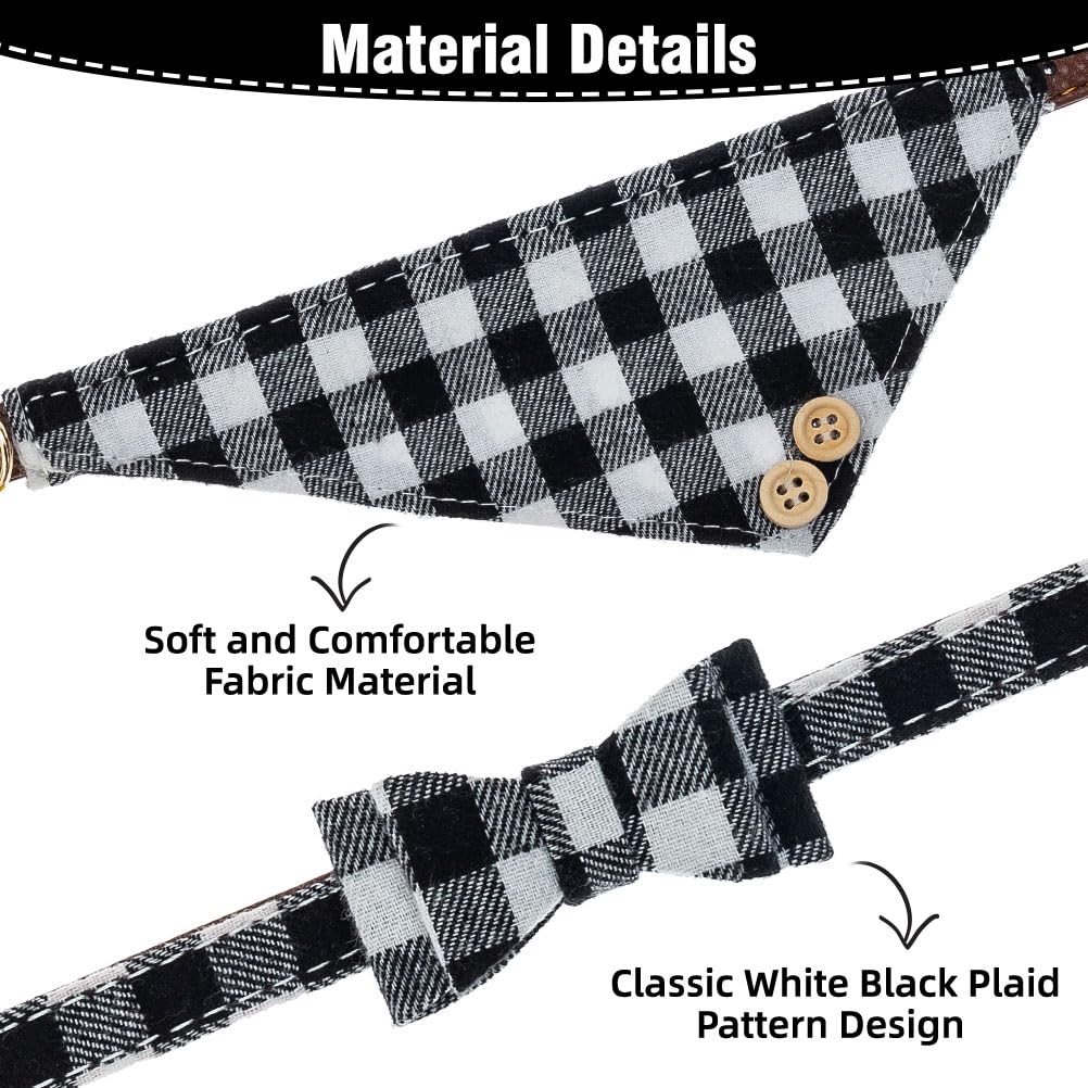 EXPAWLORER Dog Leash Set - Classic Plaid Dog Bow Tie and Dog Bandana Collar with Bell, Tangle Free, Adjustable Collars for Small Medium Large Dogs Cats, Holiday Ideal Gift