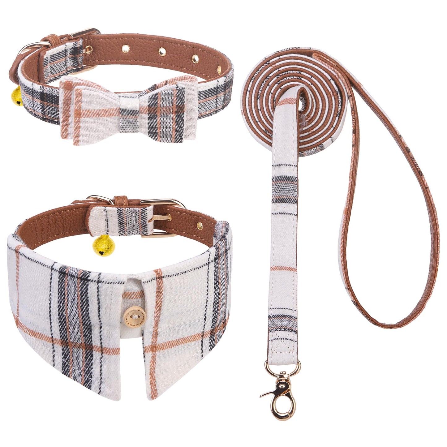 EXPAWLORER Dog Leash Set - Classic Plaid Dog Bow Tie and Dog Bandana Collar with Bell, Tangle Free, Adjustable Collars for Small Medium Large Dogs Cats, Holiday Ideal Gift