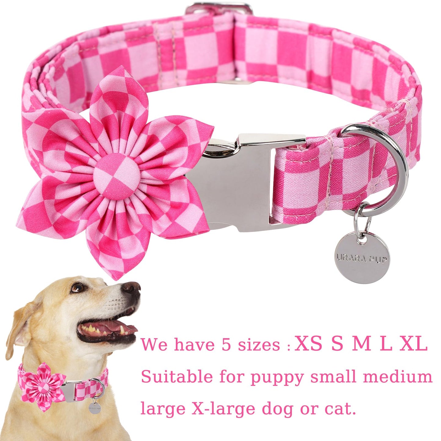 Dog Collar with Bow Tie,UP URARA PUP Pink Plaid Bowtie Dog Collar, Summer Bowtie Collar for Puppy Boy Girl Dog, Comfortable Cotton Dog Collar with Metal Buckle,M,Neck 13.5-22in