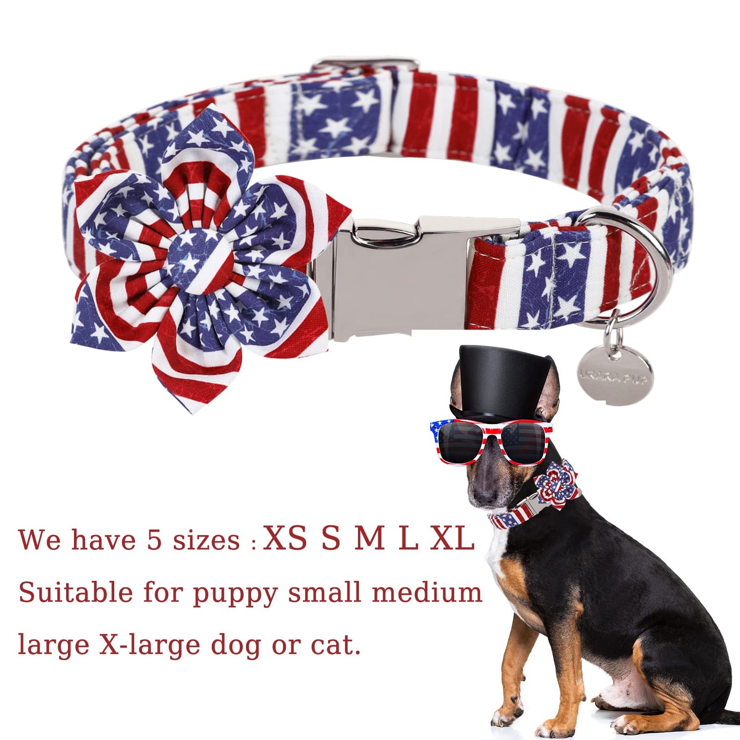 American Flag Dog Collar with Bow Tie, 4th of July Comfortable Cotton Cute Dog Collar with Metal Buckle, Patriotic Bowtie Collar for Puppy Girl Boy Dog, XL, Neck 16-26in