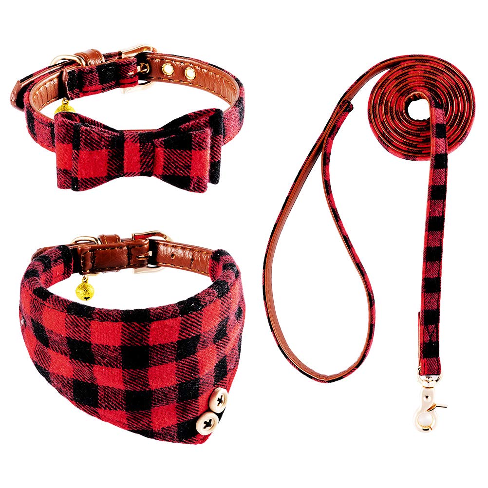 EXPAWLORER Dog Leash Set - Classic Plaid Dog Bow Tie and Dog Bandana Collar with Bell, Tangle Free, Adjustable Collars for Small Medium Large Dogs Cats, Holiday Ideal Gift