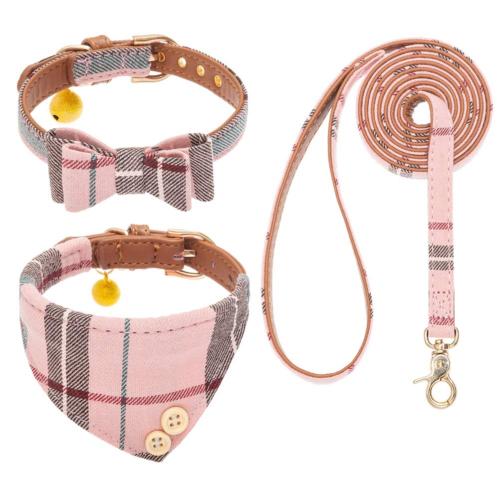 EXPAWLORER Dog Leash Set - Classic Plaid Dog Bow Tie and Dog Bandana Collar with Bell, Tangle Free, Adjustable Collars for Small Medium Large Dogs Cats, Holiday Ideal Gift