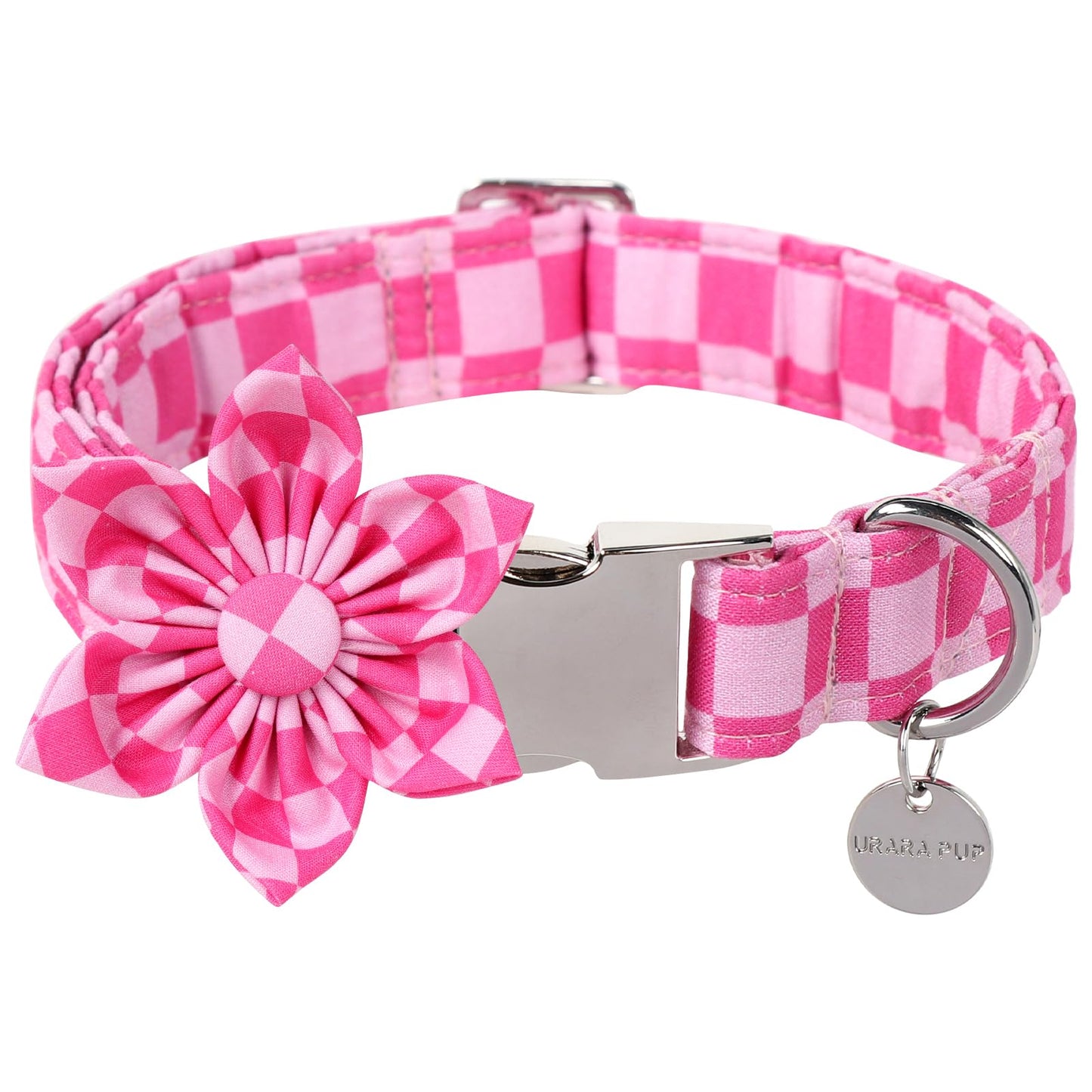 Dog Collar with Bow Tie,UP URARA PUP Pink Plaid Bowtie Dog Collar, Summer Bowtie Collar for Puppy Boy Girl Dog, Comfortable Cotton Dog Collar with Metal Buckle,M,Neck 13.5-22in