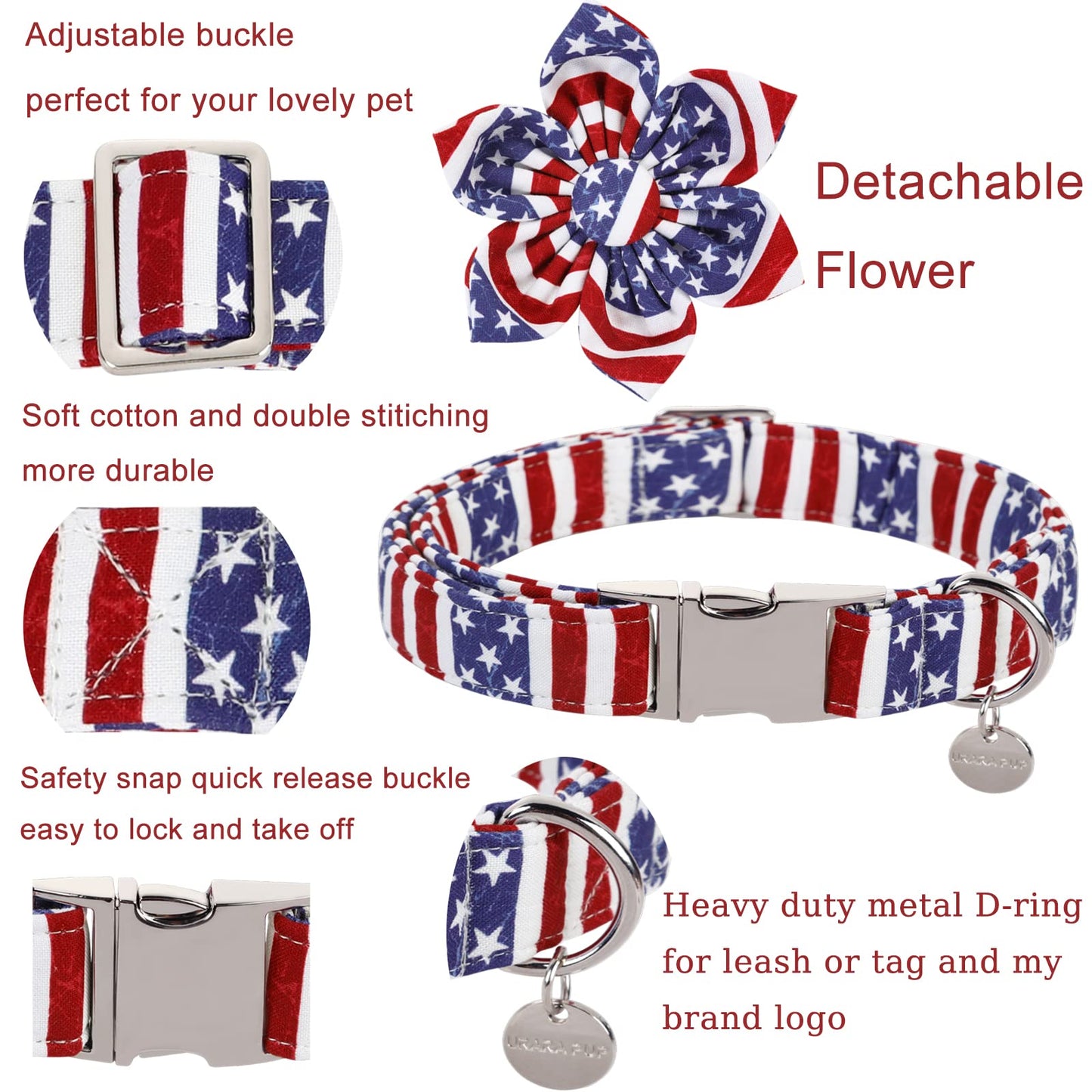 American Flag Dog Collar with Bow Tie, 4th of July Comfortable Cotton Cute Dog Collar with Metal Buckle, Patriotic Bowtie Collar for Puppy Girl Boy Dog, XL, Neck 16-26in