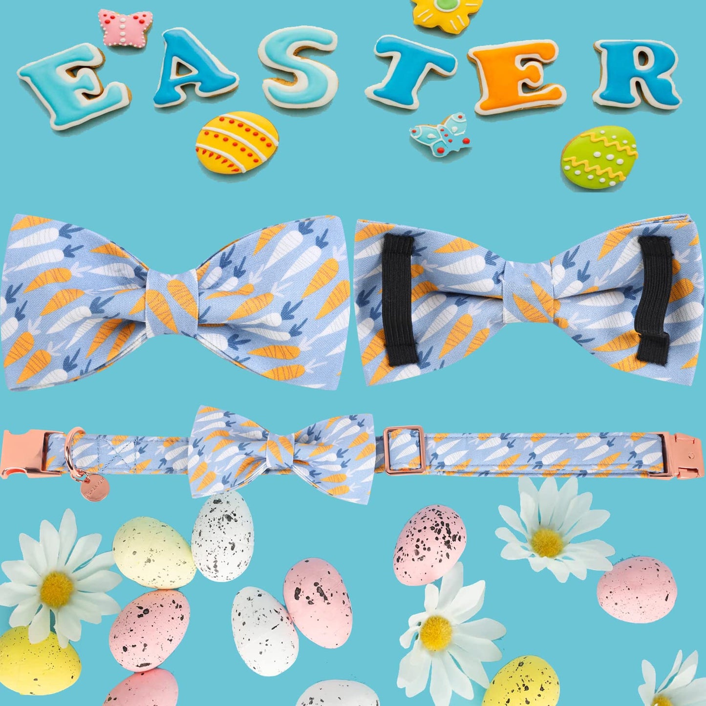 Easter Dog Collar with Bow Tie, Cotton Easter Bowtie Collar for Small Girl Boy Dog, Cute Carrot Pet Collar with Metal Buckle, Easter Day Gift Dog Collar, Blue, S, Neck 10-16in