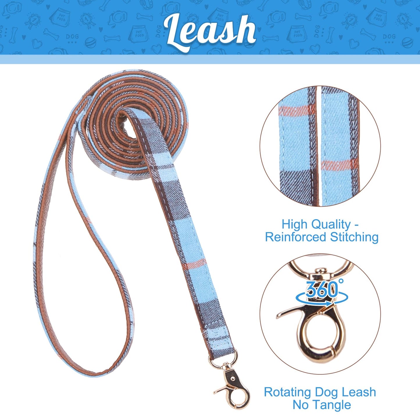 EXPAWLORER Dog Leash Set - Classic Plaid Dog Bow Tie and Dog Bandana Collar with Bell, Tangle Free, Adjustable Collars for Small Medium Large Dogs Cats, Holiday Ideal Gift