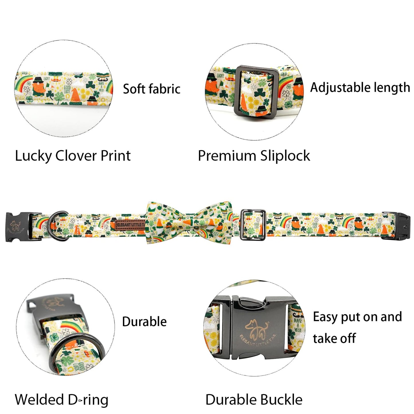 Elegant little tail Dog Collar with Bow, Lucky Clover Bow Tie Dog Collar, Cute Dog Bowtie Pet Gift Dog Collar for Medium Dogs