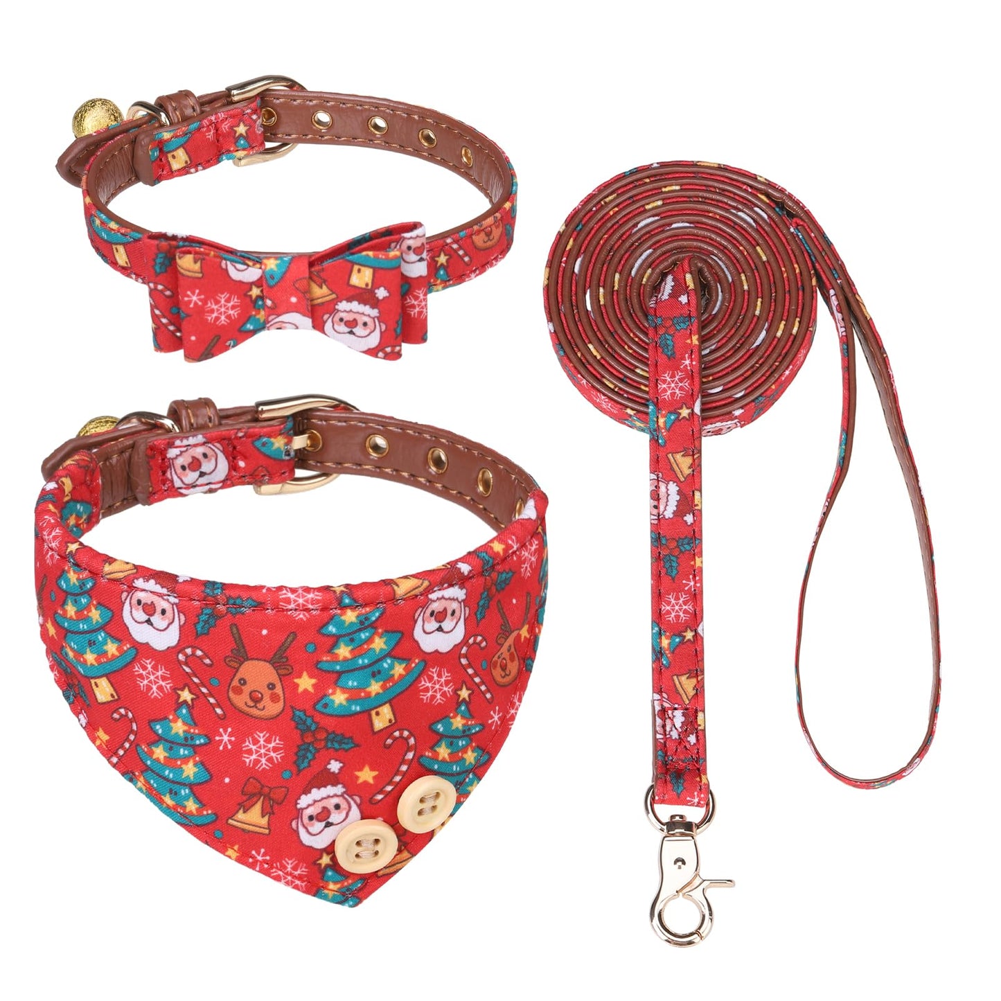 EXPAWLORER Dog Leash Set - Classic Plaid Dog Bow Tie and Dog Bandana Collar with Bell, Tangle Free, Adjustable Collars for Small Medium Large Dogs Cats, Holiday Ideal Gift