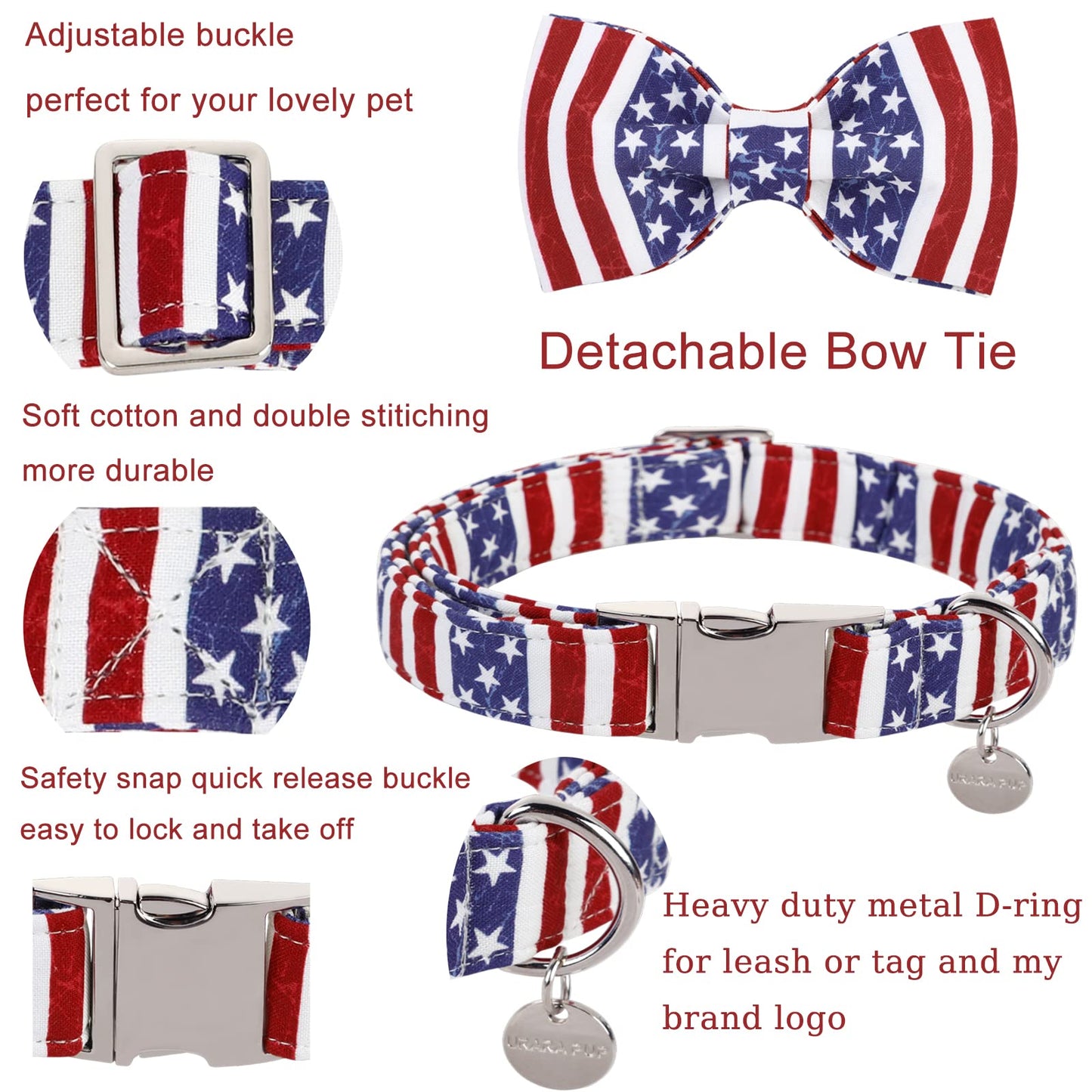 American Flag Dog Collar with Bow Tie, 4th of July Comfortable Cotton Cute Dog Collar with Metal Buckle, Patriotic Bowtie Collar for Puppy Girl Boy Dog, XL, Neck 16-26in